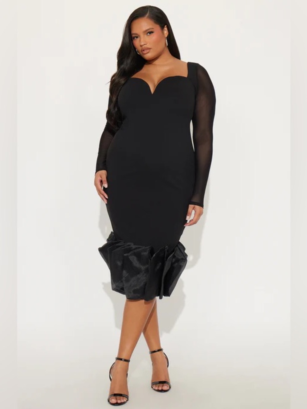 Fashion Nova Black Sweetheart Neck Midi Dress with Ruffled Hem